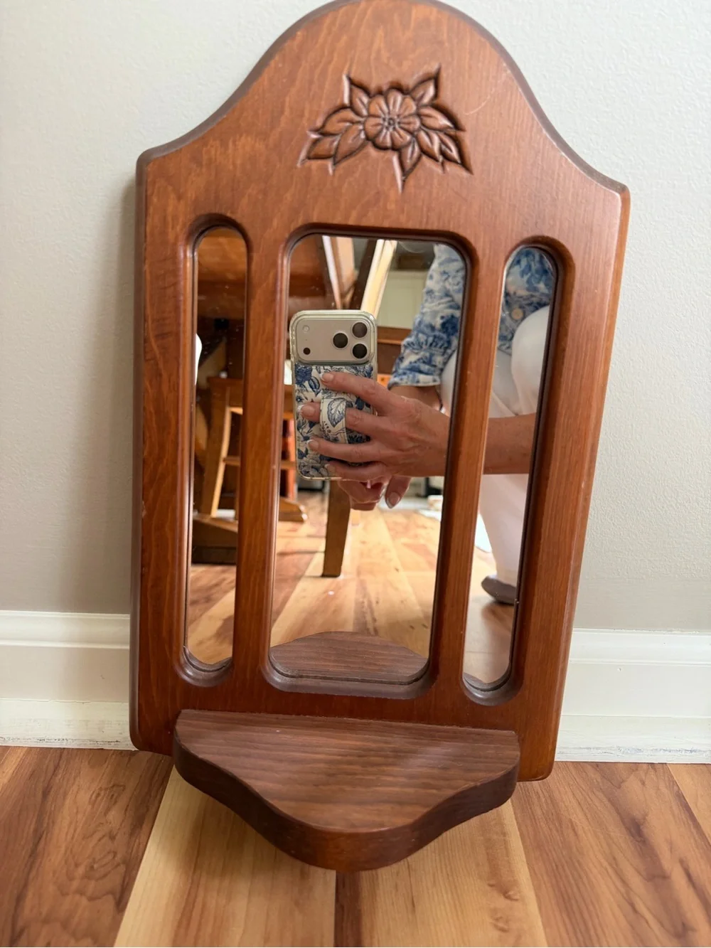 Vintage Hand-Carved Wooden Wall Mirror with Built-In Display Shelf